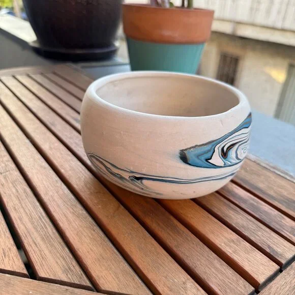 Handmade Nemadji Pottery Bowl With Blue & Orange Swirl Design - Picture 3 of 6